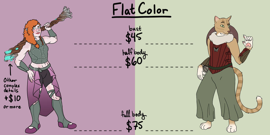 Flat color character art pricing sheets